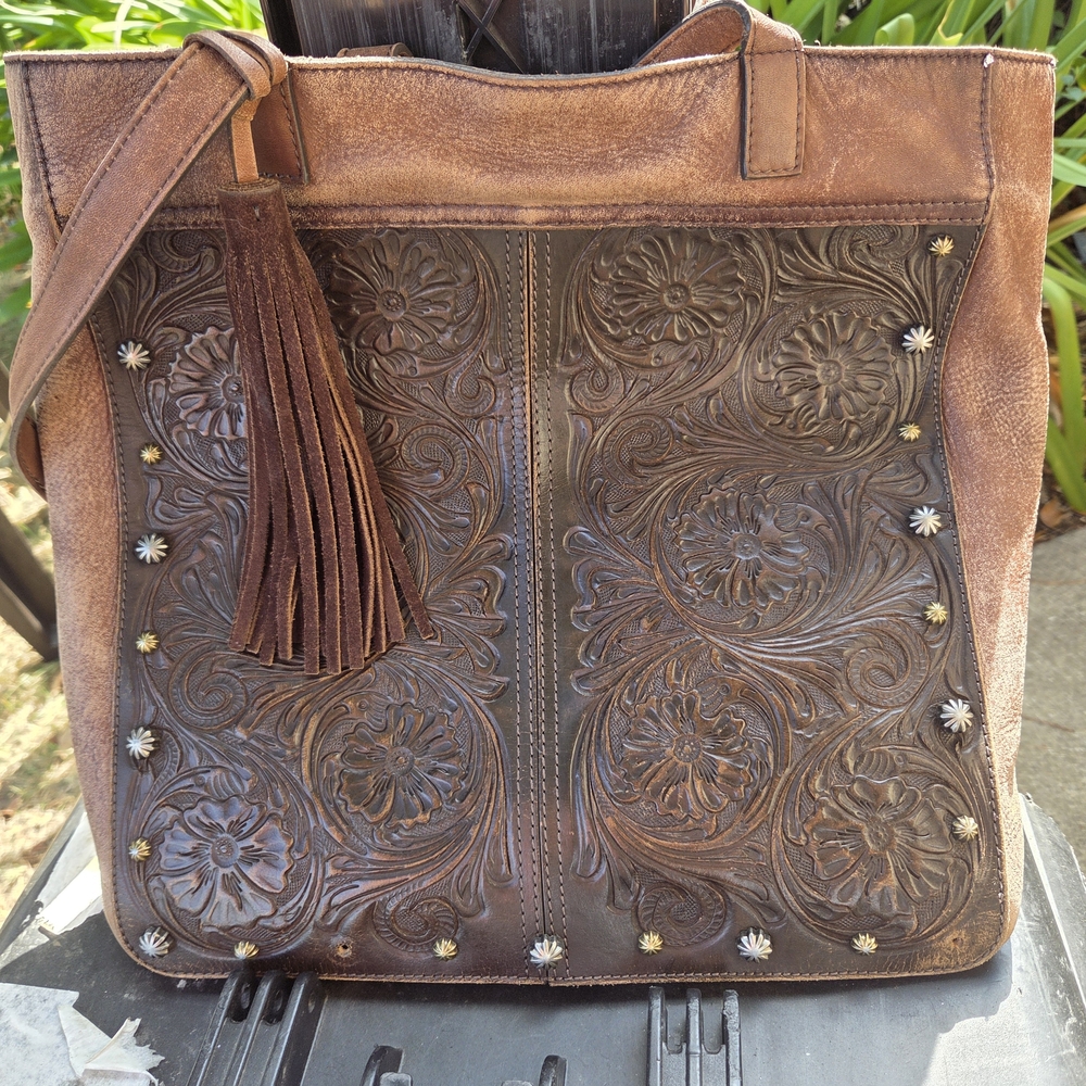 Shyanne Women's Tooled Concealed Carry Tote In Brown Leather